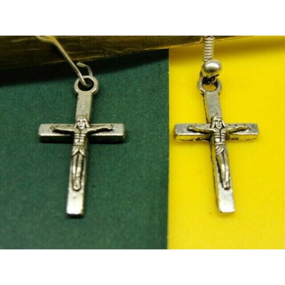 Cross Religious Silver Tone Vertical Drop Dangle Hook Earrings Womans - Picture 2 of 5